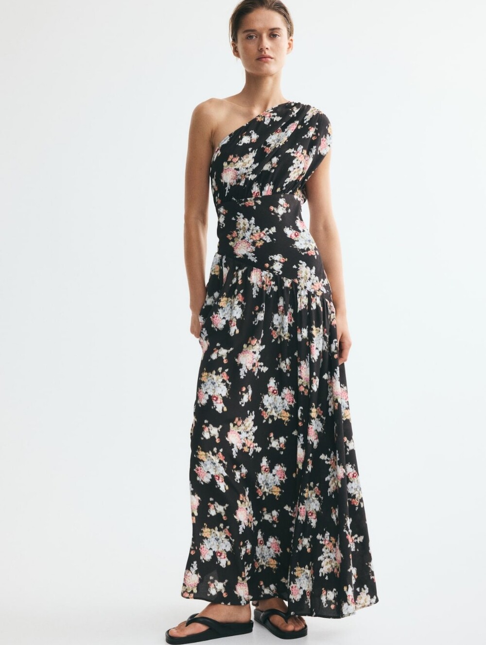 H&M Draped One-Shoulder Dress Floral/ Black Bnwt